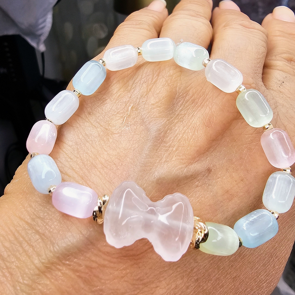 NEW Rose Quartz Bow & Multicolor Flashy Selenite Beaded Bracelet